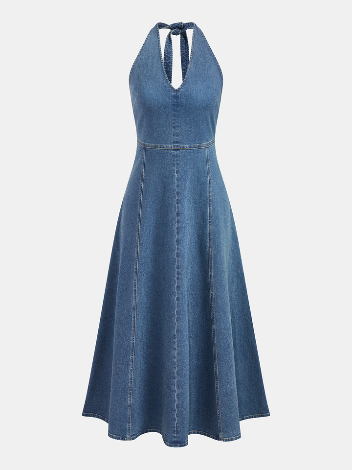 Halter Backless Denim Midi Dress
