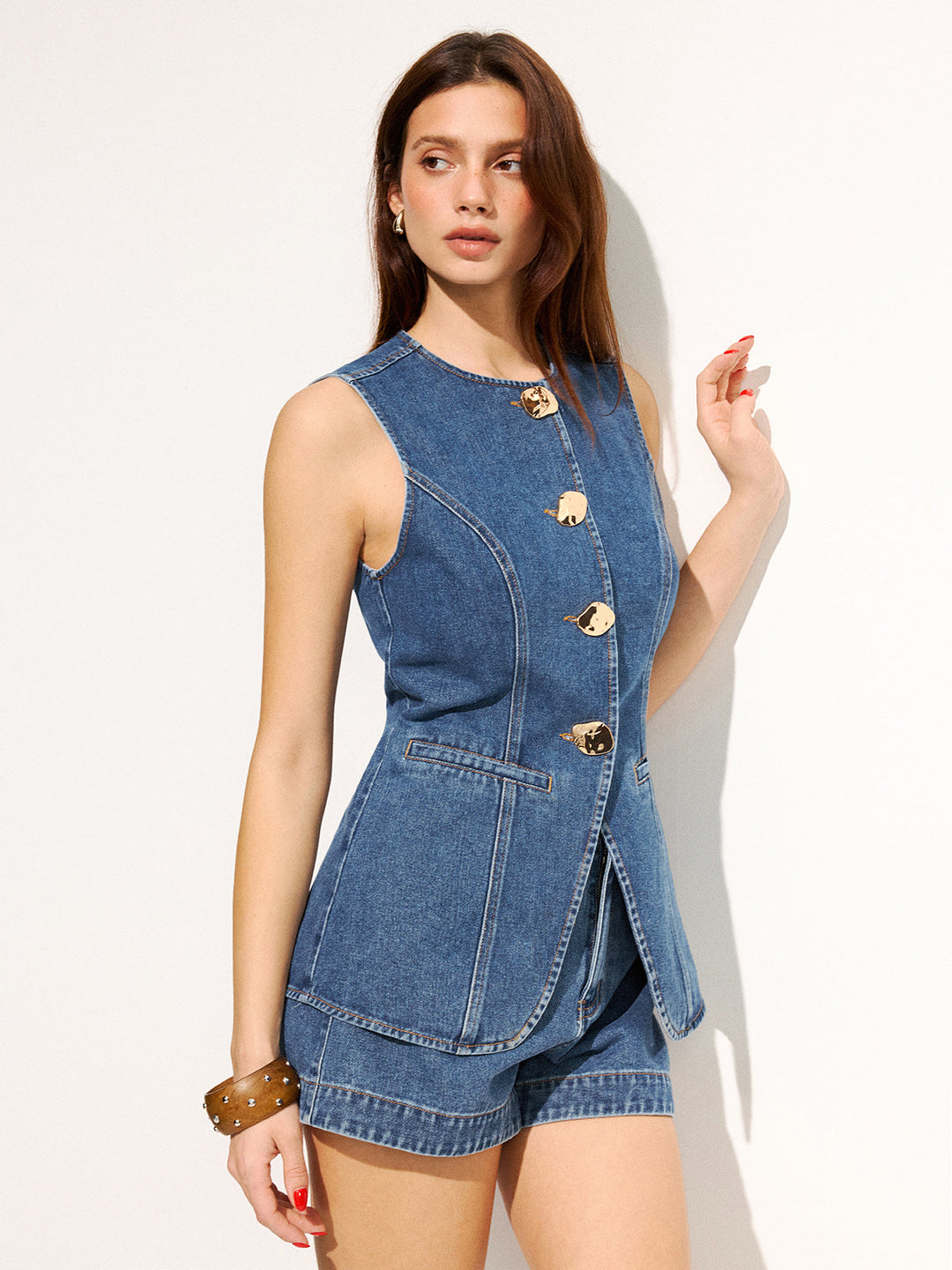 Large Button Sleeveless Denim Top &amp; Shorts Set