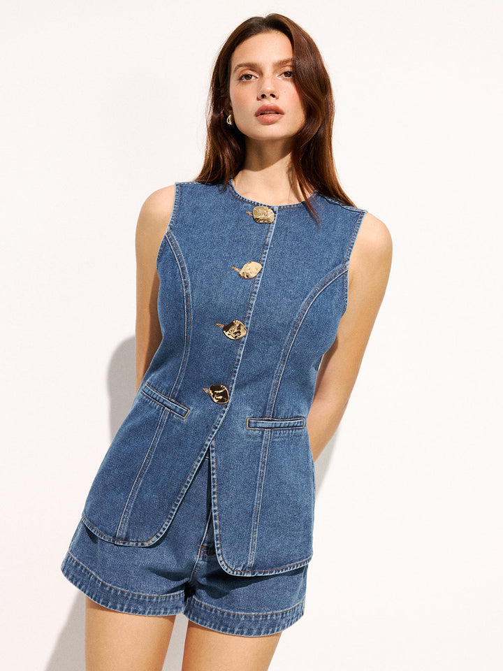 Large Button Sleeveless Denim Top &amp; Shorts Set