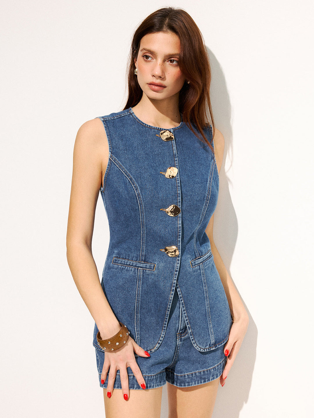 Large Button Sleeveless Denim Top &amp; Shorts Set