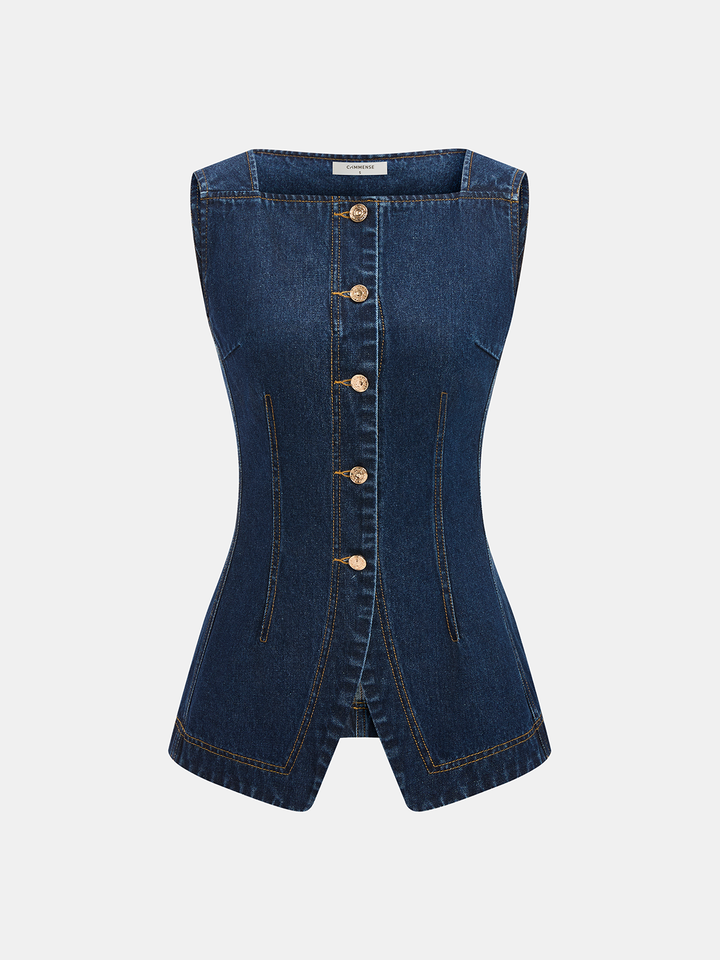 Metal Button Denim Sleeveless Vest &amp; Shorts Set