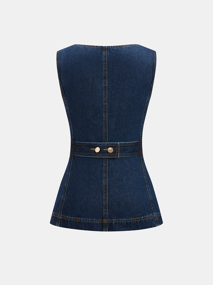 Metal Button Denim Sleeveless Vest &amp; Shorts Set