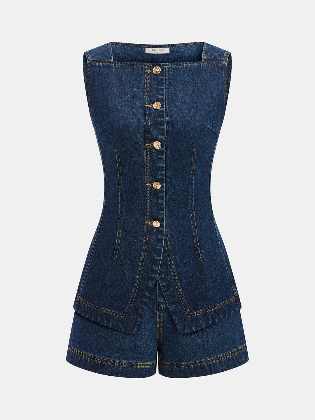 Metal Button Denim Sleeveless Vest &amp; Shorts Set