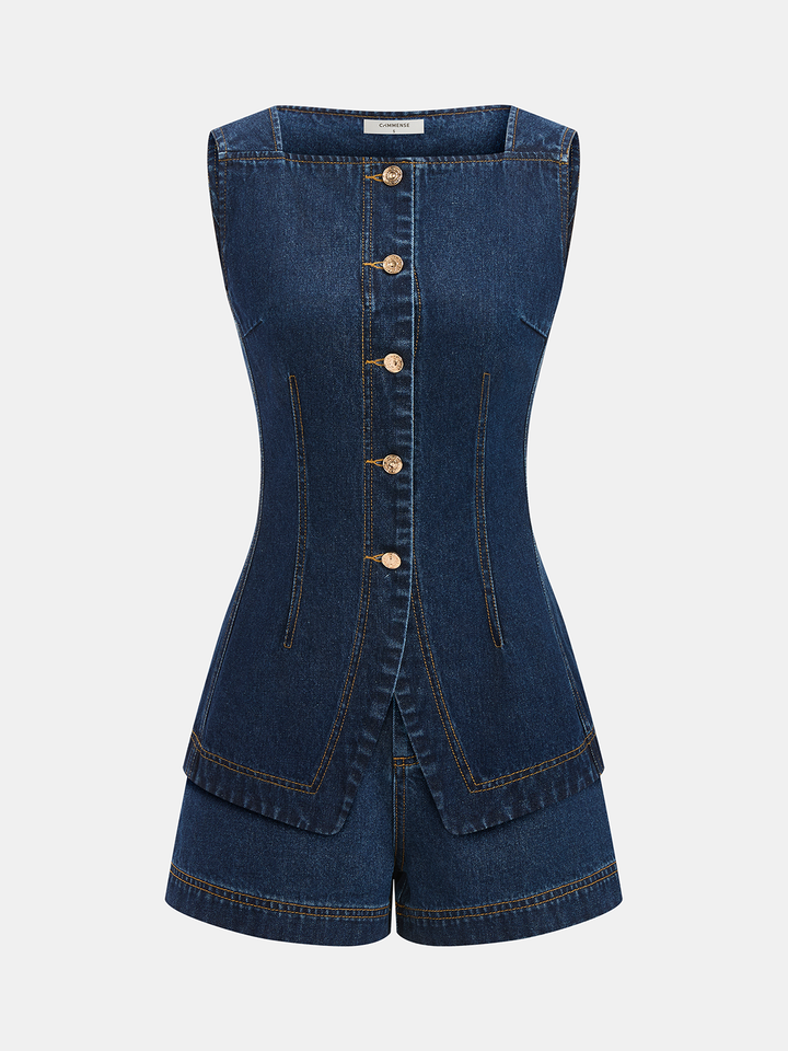 Metal Button Denim Sleeveless Vest &amp; Shorts Set