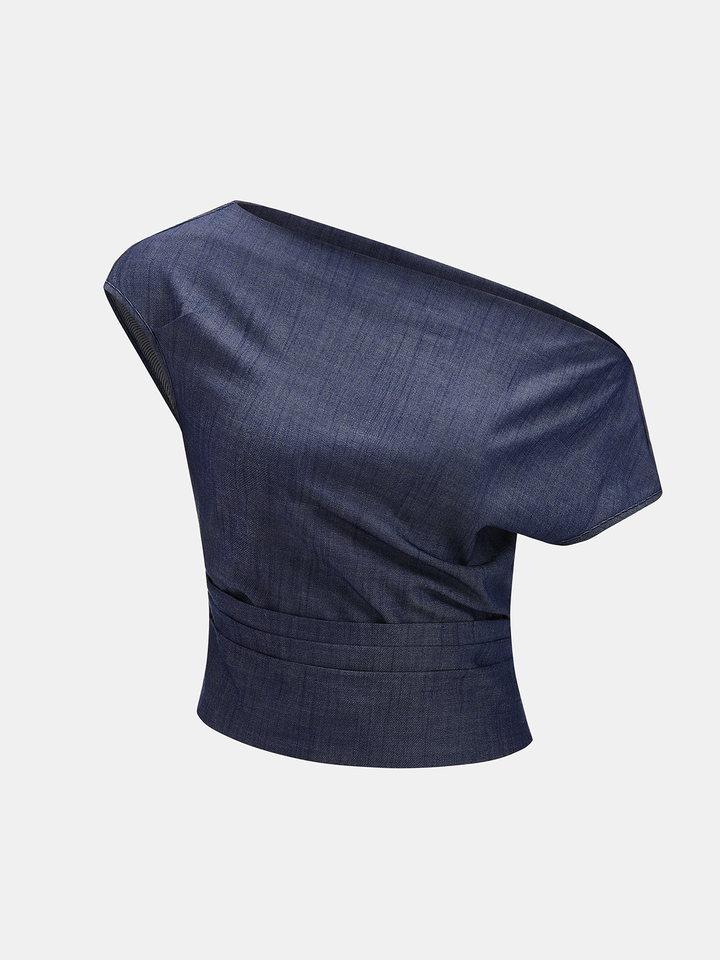 Asymmetric Off-Shoulder Denim Top &amp; Belted Shorts Set