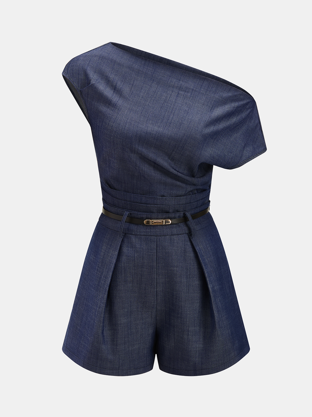 Asymmetric Off-Shoulder Denim Top &amp; Belted Shorts Set
