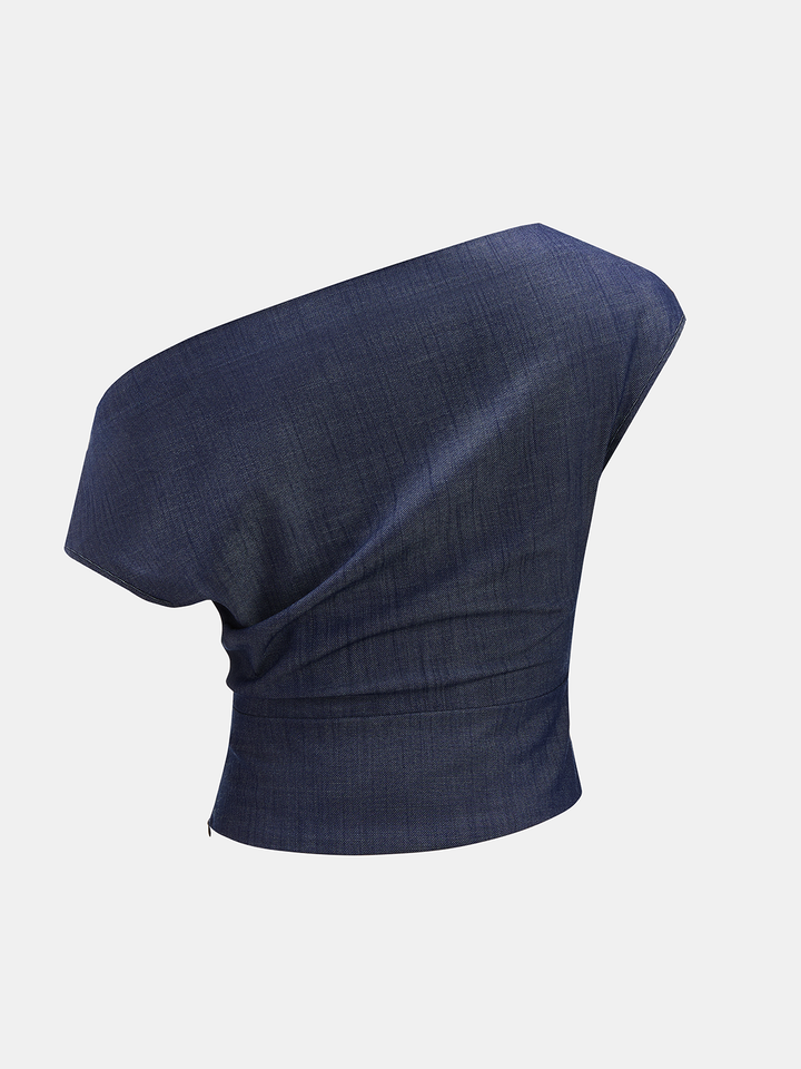 Asymmetric Off-Shoulder Denim Top &amp; Belted Shorts Set