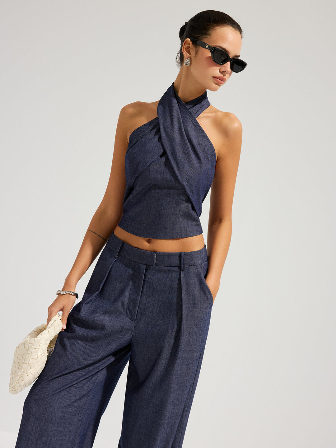 Denim Halter Neck Crop Top &amp; Pants Set