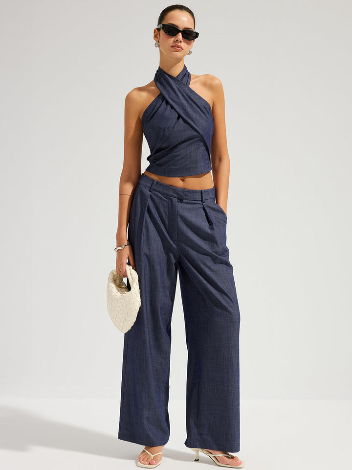 Denim Halter Neck Crop Top &amp; Pants Set