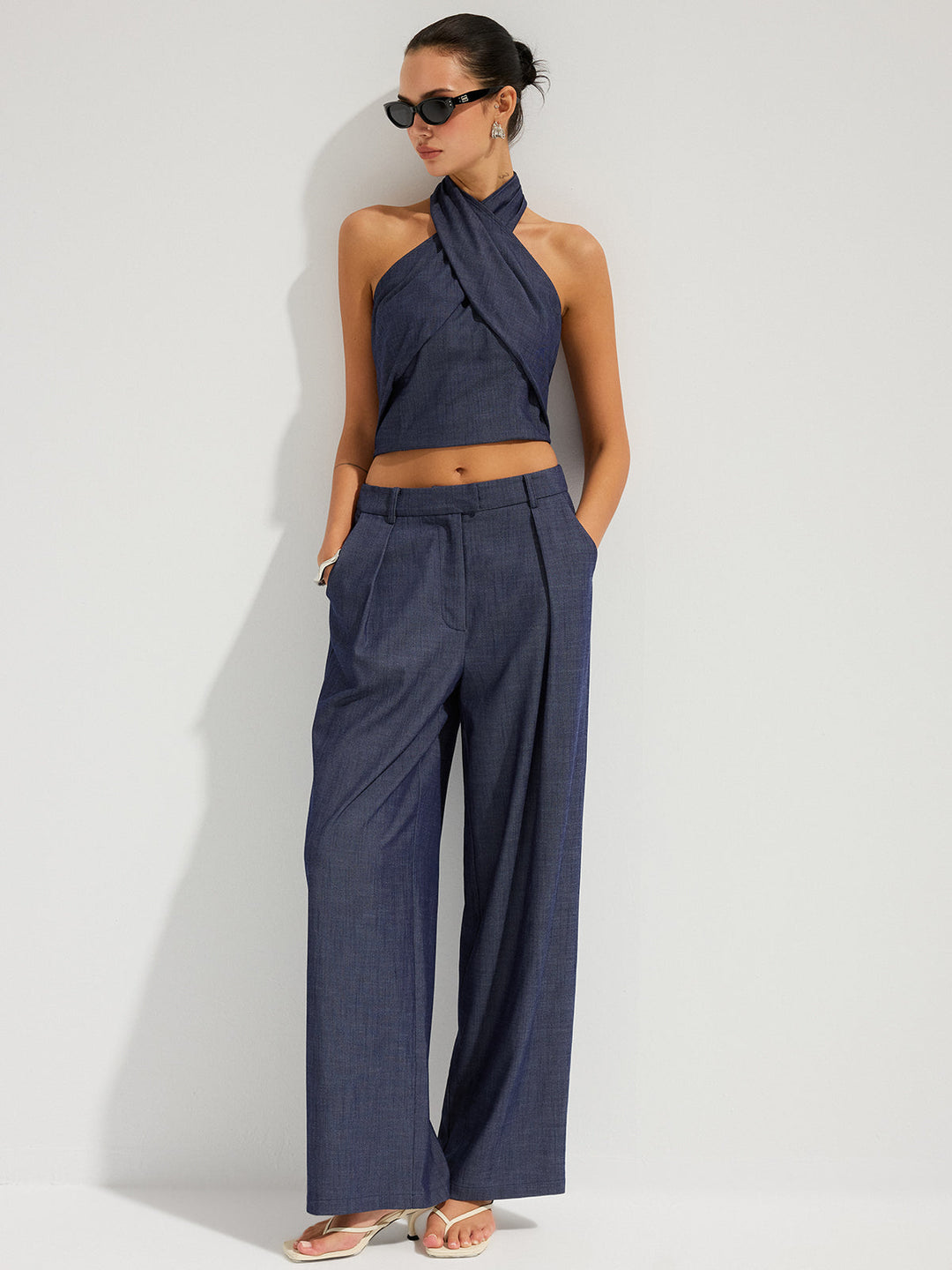 Denim Halter Neck Crop Top &amp; Pants Set