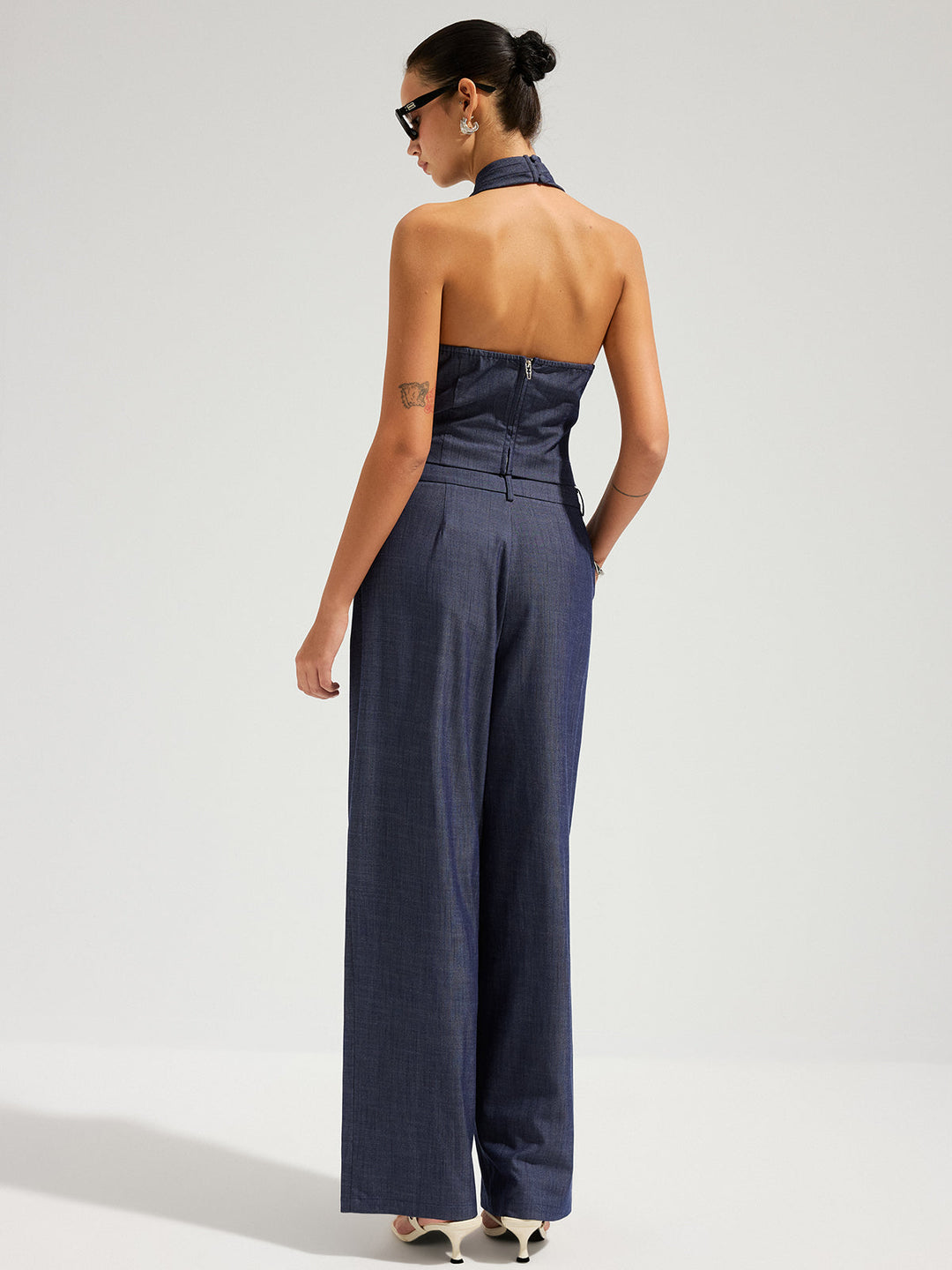 Denim Halter Neck Crop Top &amp; Pants Set