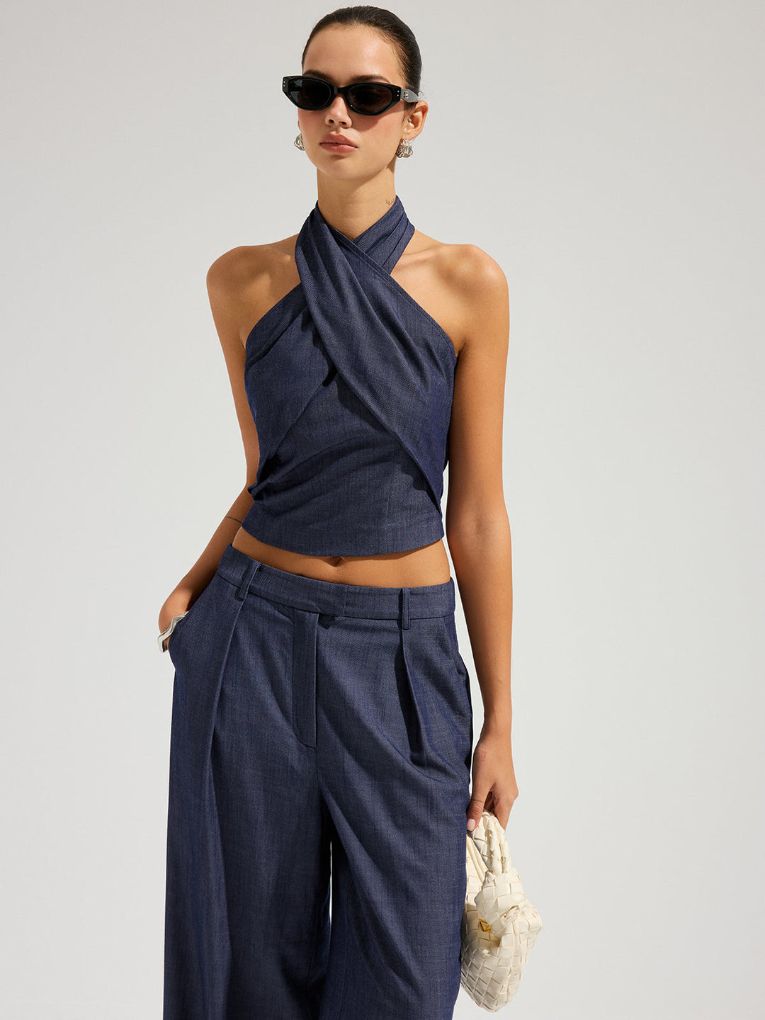 Denim Halter Neck Crop Top &amp; Pants Set