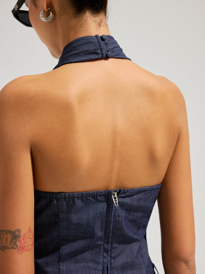 Denim Halter Neck Crop Top &amp; Pants Set