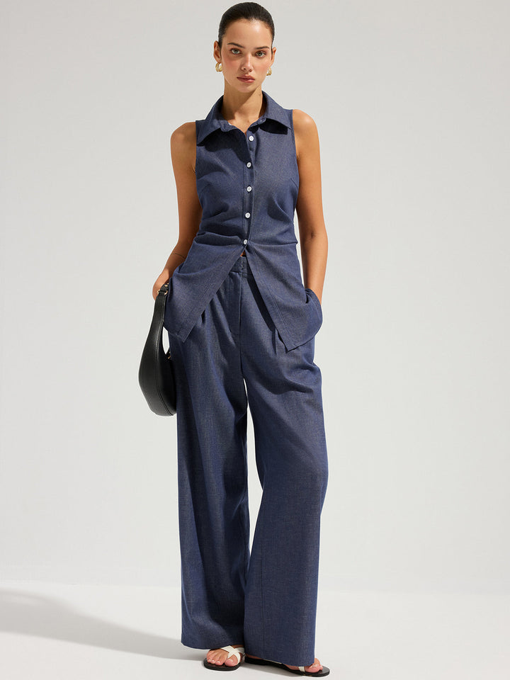 Denim Sleeveless Tie-Back Shirt &amp; Pants Set