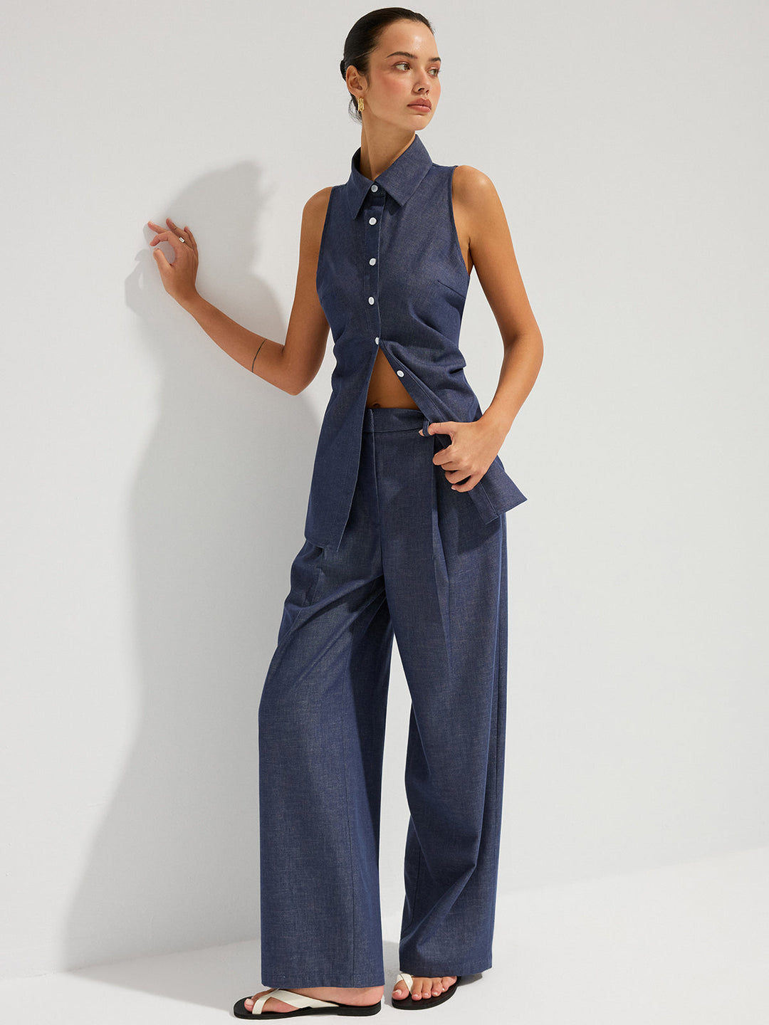 Denim Sleeveless Tie-Back Shirt &amp; Pants Set