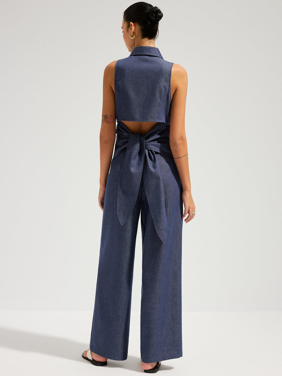 Denim Sleeveless Tie-Back Shirt &amp; Pants Set