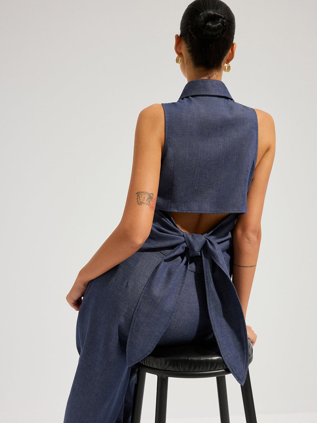 Denim Sleeveless Tie-Back Shirt &amp; Pants Set