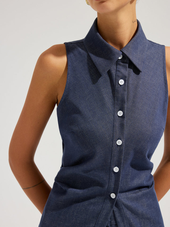 Denim Sleeveless Tie-Back Shirt &amp; Pants Set