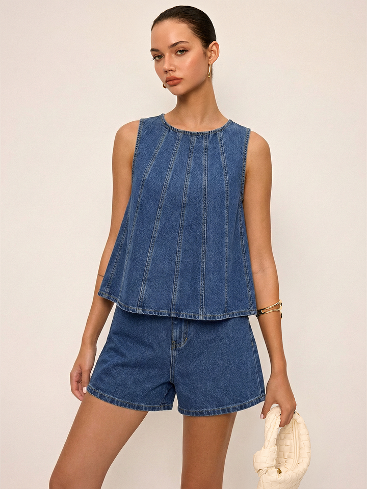 Tie-Back Denim Sleeveless Top &amp; Shorts Set