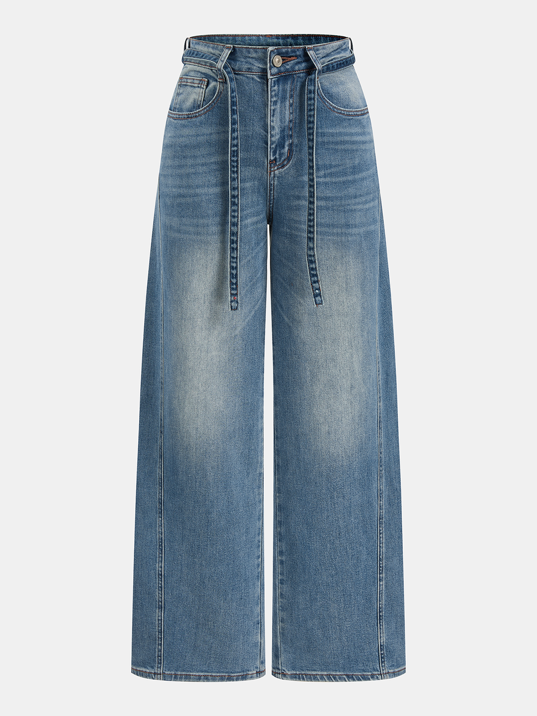 Tie Waist Curved-Leg Denim Pants