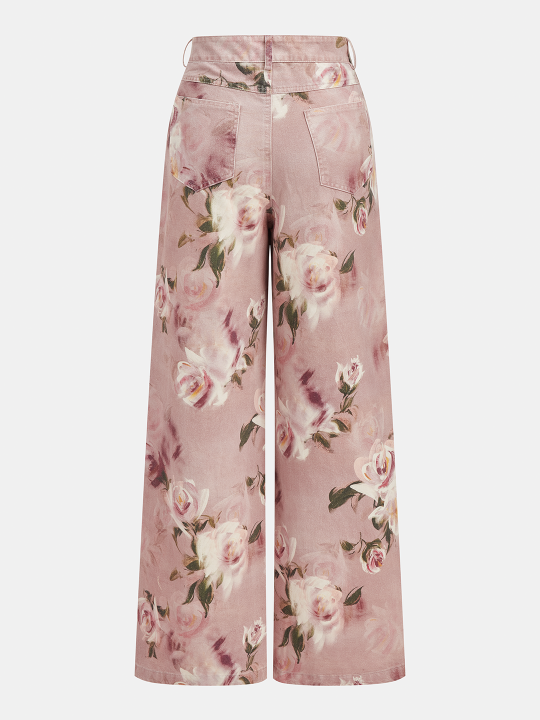Mid-Waist Rose Print Wide Leg Denim Pants