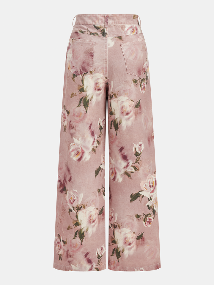 Mid-Waist Rose Print Wide Leg Denim Pants