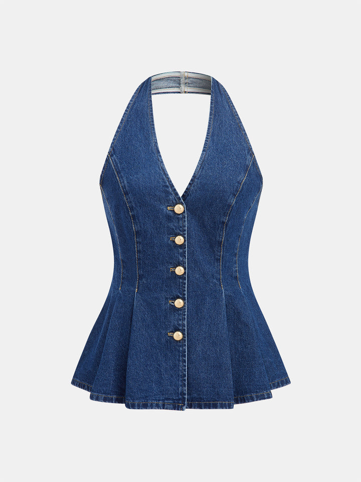 Denim Halter Peplum Top &amp; Shorts Set