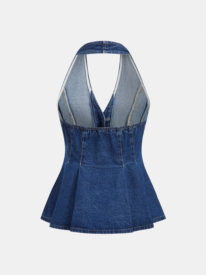Denim Halter Peplum Top &amp; Shorts Set
