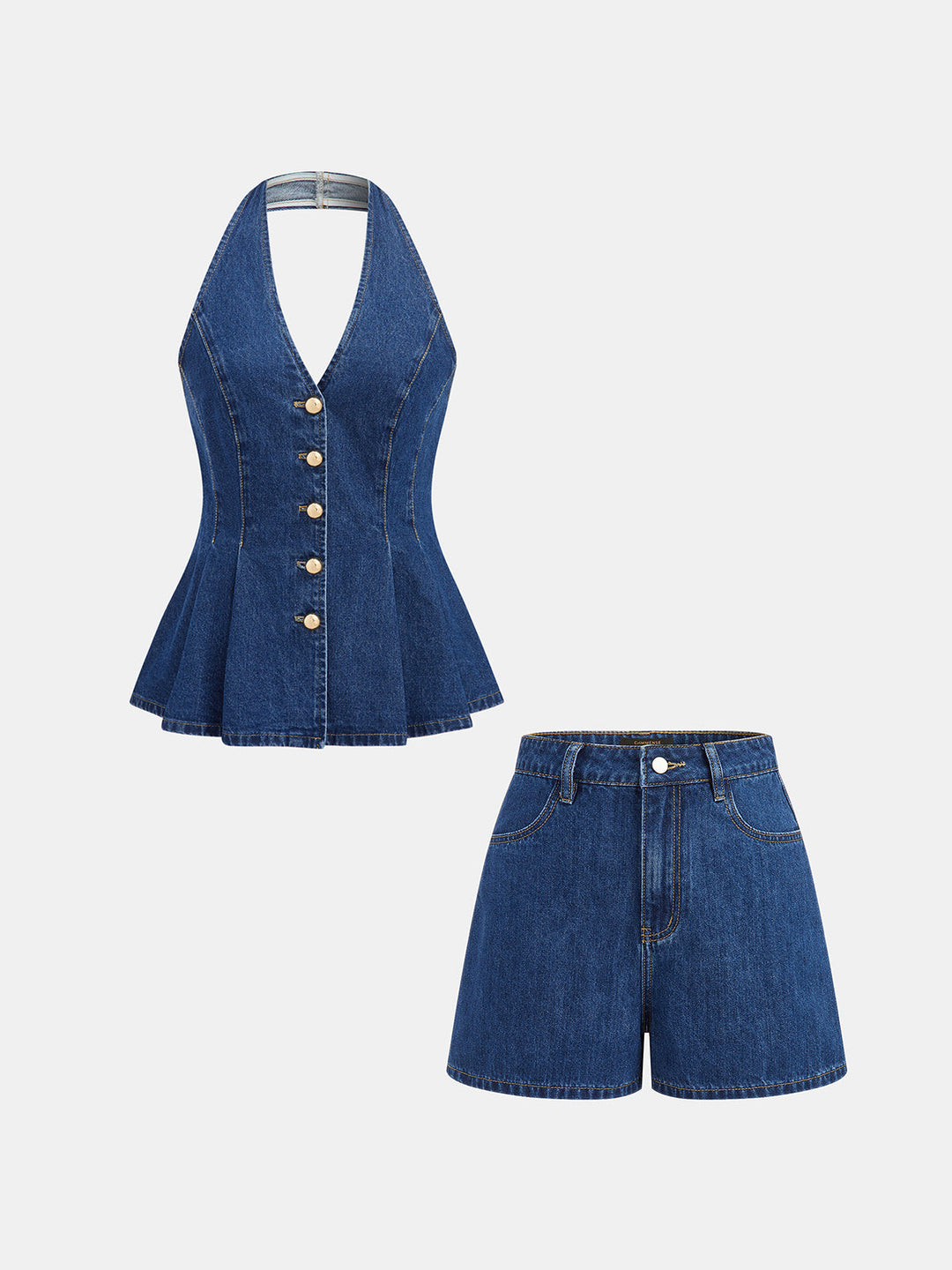 Denim Halter Peplum Top &amp; Shorts Set