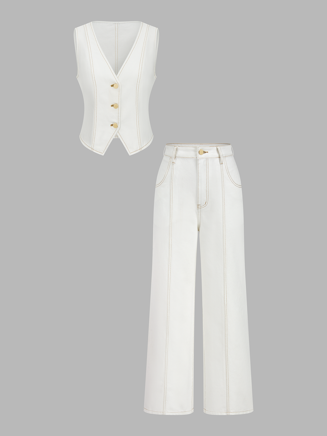 Contrast Stitch Denim Vest &amp; Wide Leg Pants Set