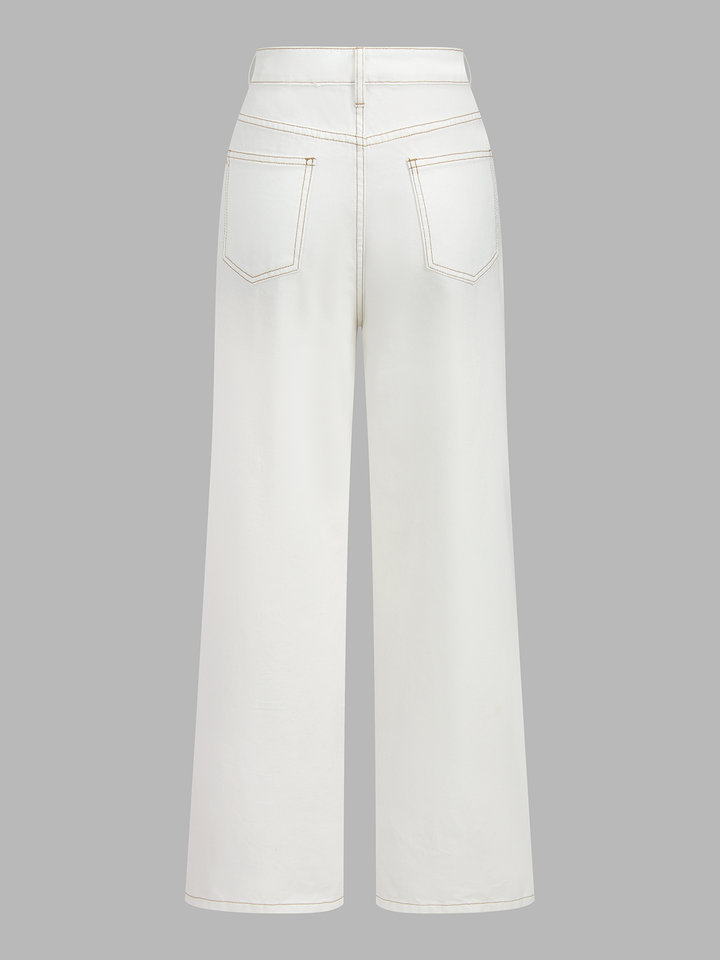 Contrast Stitch Denim Vest &amp; Wide Leg Pants Set