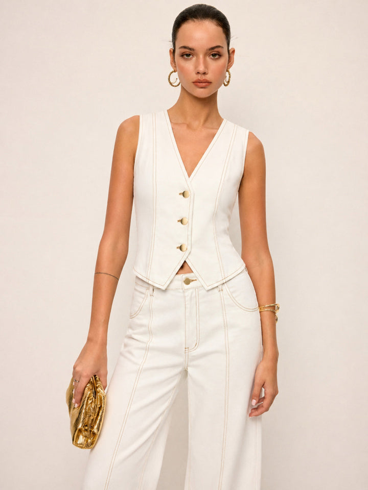 Contrast Stitch Denim Vest &amp; Wide Leg Pants Set