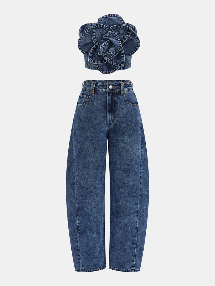 3D Rose Applique Denim Tube Top