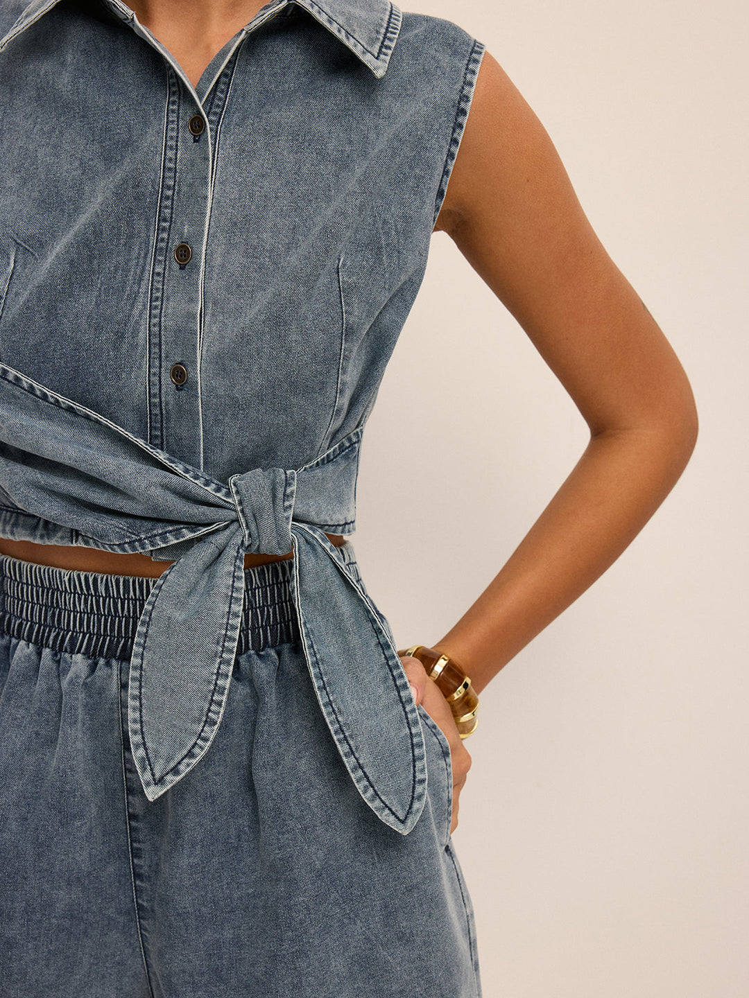 Denim Tie-Waist Sleeveless Shirt &amp; Shorts Set
