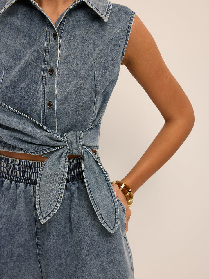 Denim Tie-Waist Sleeveless Shirt &amp; Shorts Set