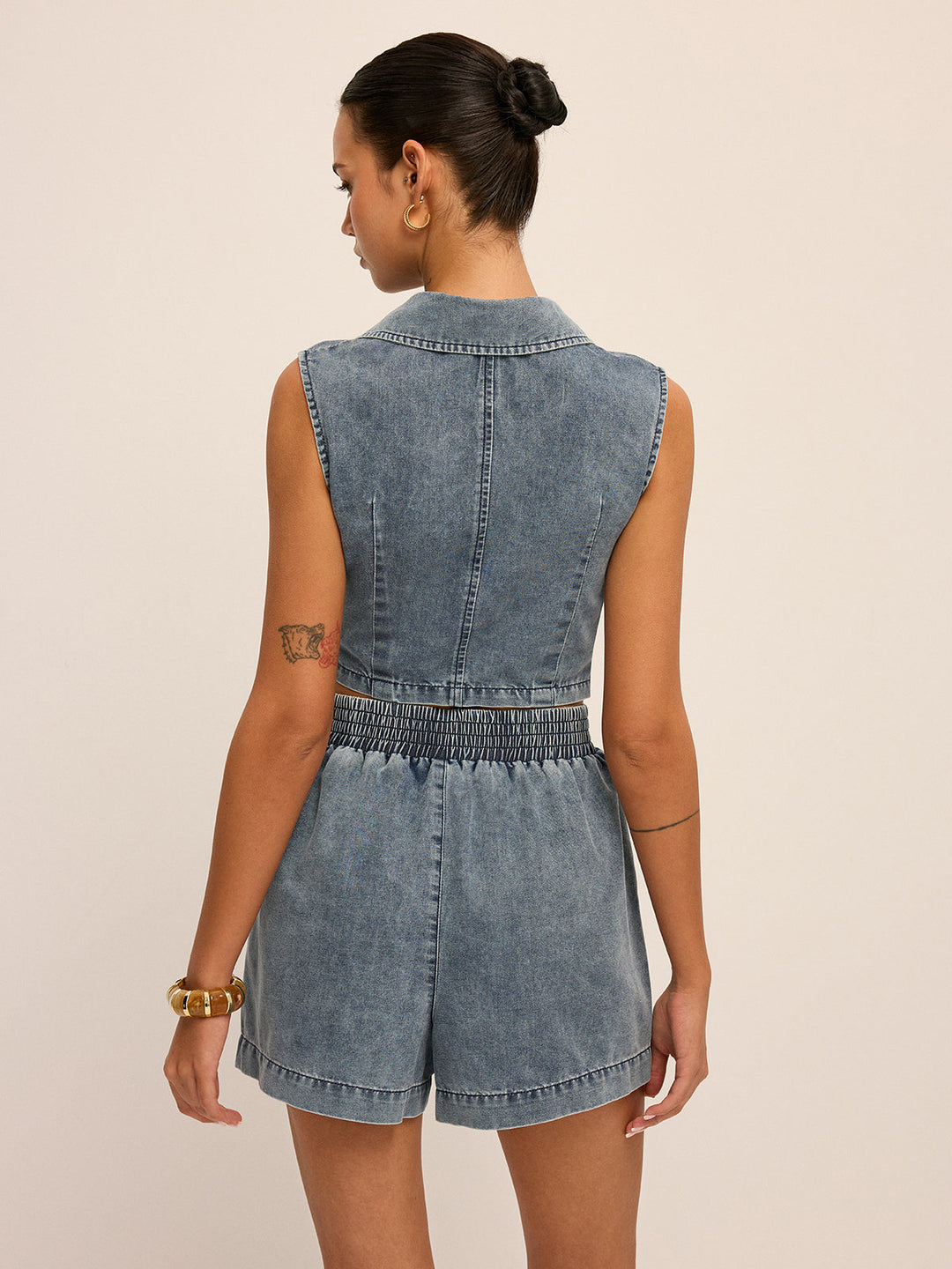 Denim Tie-Waist Sleeveless Shirt &amp; Shorts Set
