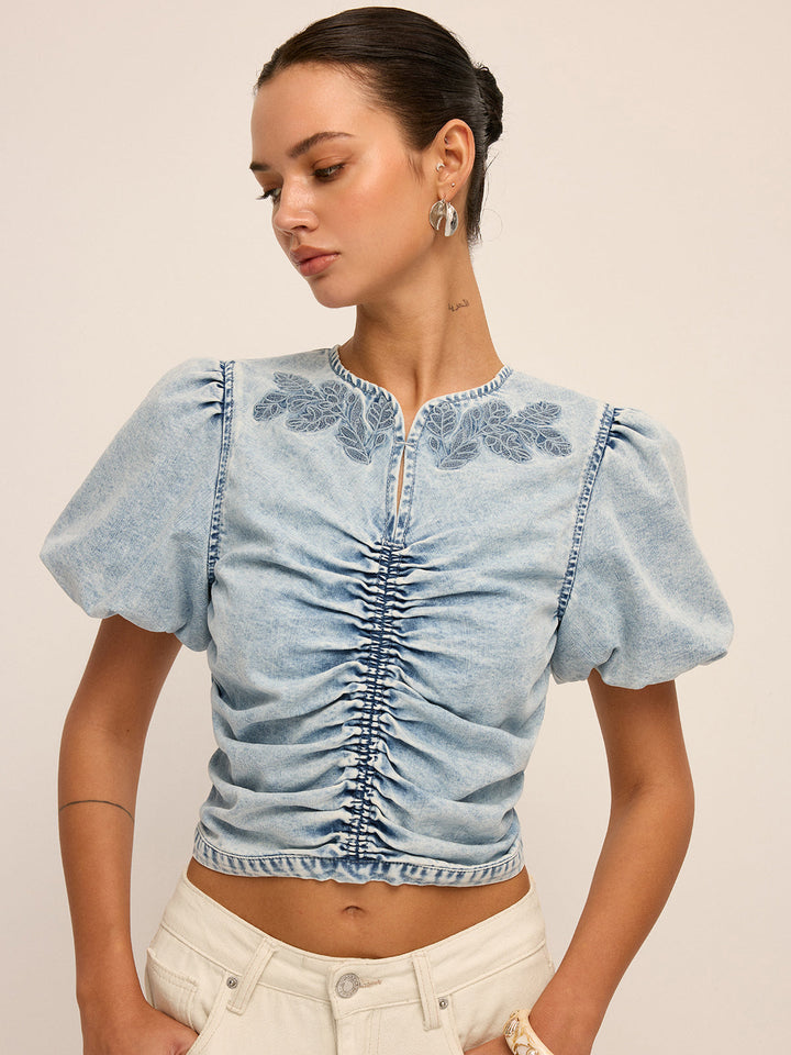 Ruched Puff Sleeve Embroidered Denim Top