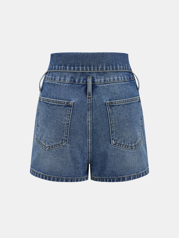 Fold Over Waistband Metal Button Denim Shorts