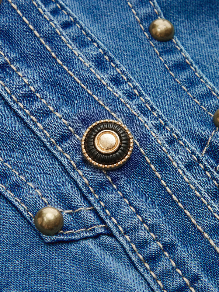Knot-Front Studded Denim Shirt