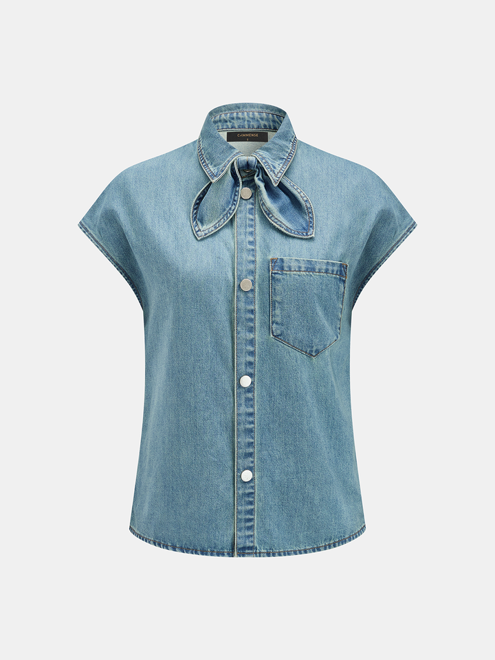 Denim Bow Tie Blouse &amp; Shorts Set