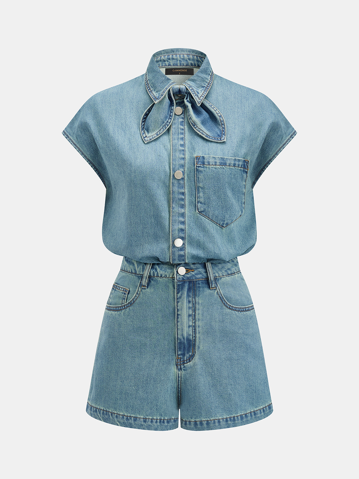 Denim Bow Tie Blouse &amp; Shorts Set