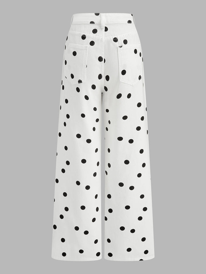Polka Dot Wide Leg Denim Pants