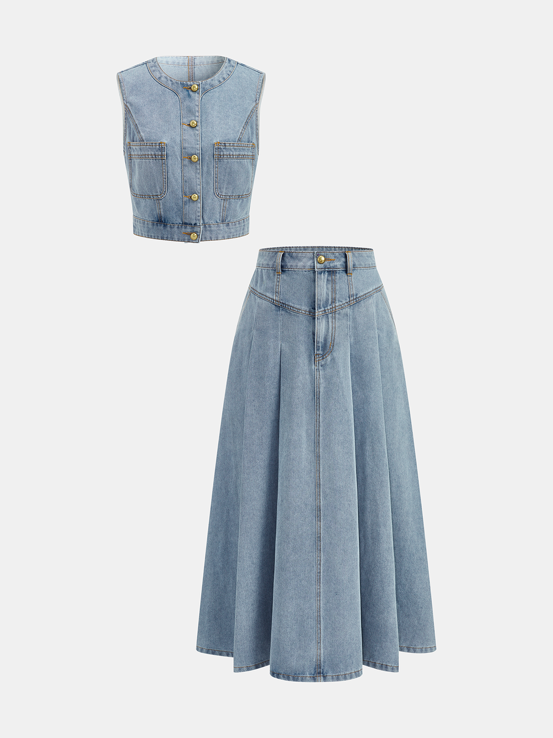 Denim Crop Vest &amp; Pleated Midi Skirt Set