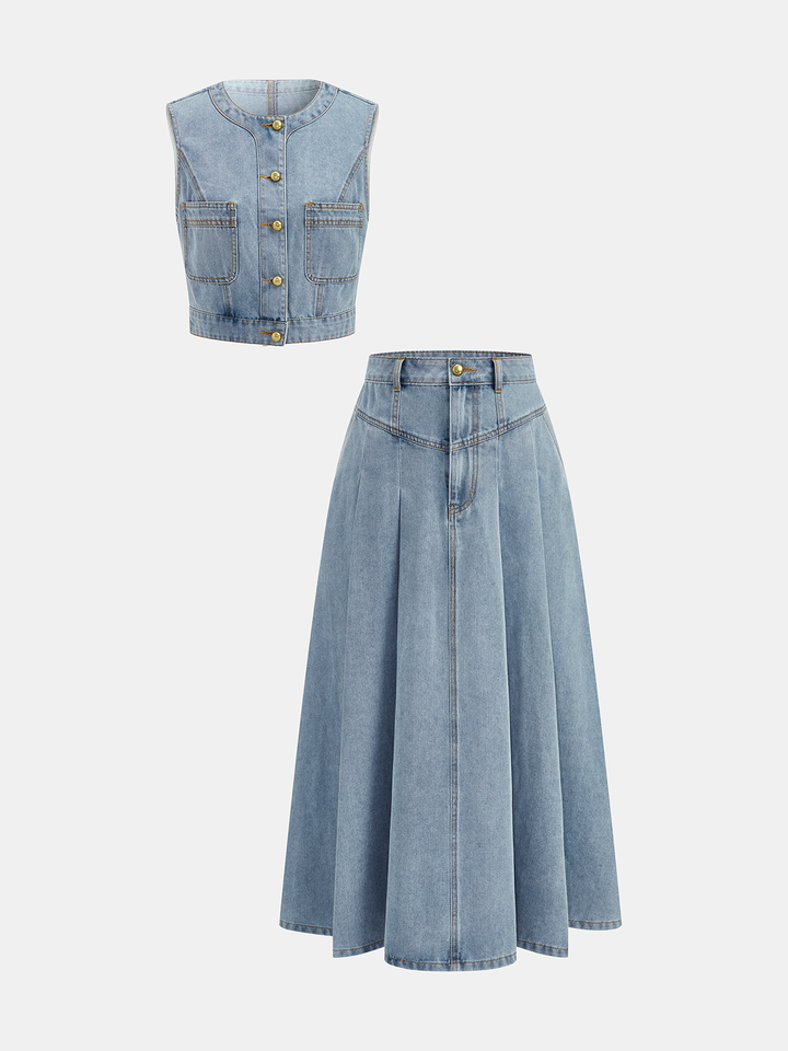 Denim Crop Vest &amp; Pleated Midi Skirt Set