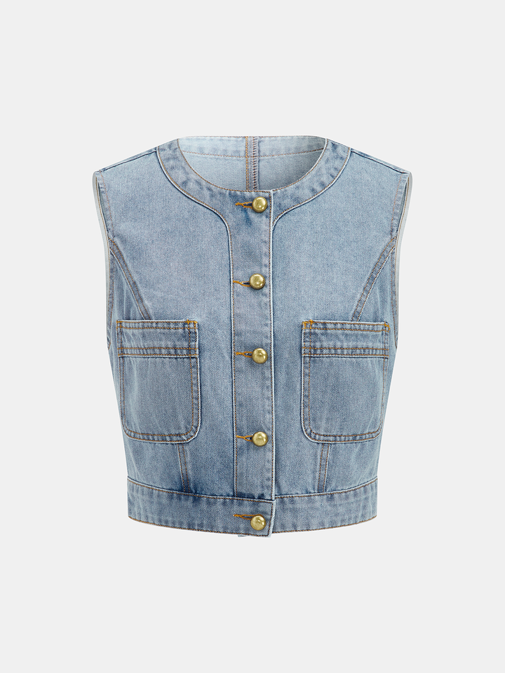 Denim Crop Vest &amp; Pleated Midi Skirt Set