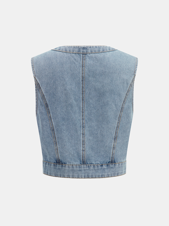 Denim Crop Vest &amp; Pleated Midi Skirt Set