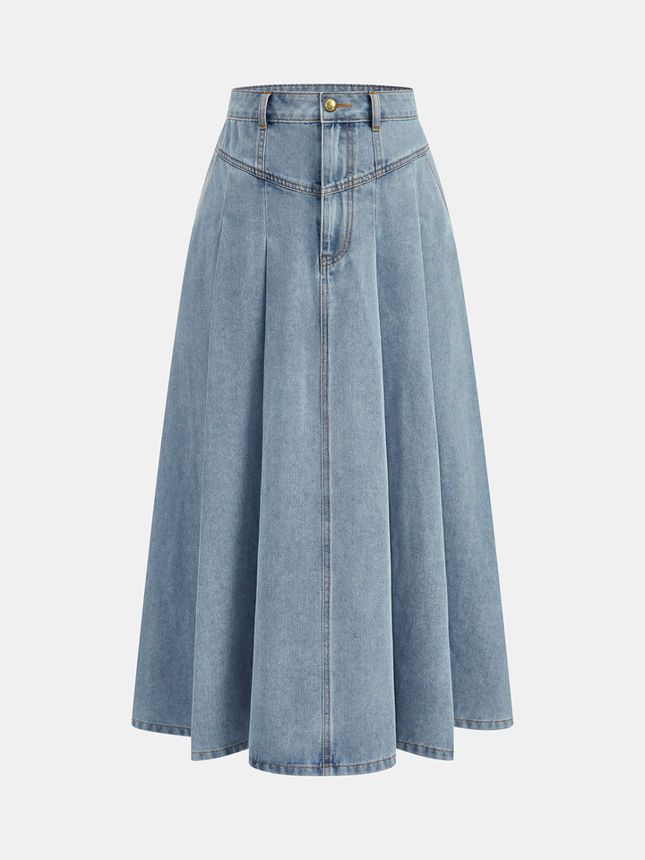 Denim Crop Vest &amp; Pleated Midi Skirt Set