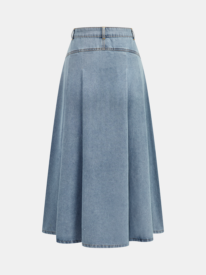 Denim Crop Vest &amp; Pleated Midi Skirt Set