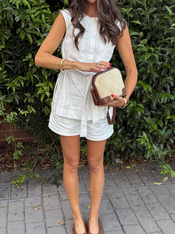 Belted Denim Sleeveless Vest &amp; Shorts Set