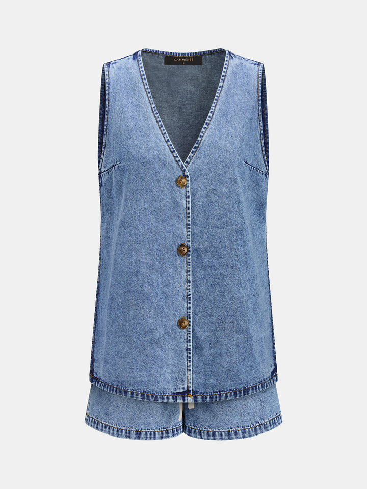 Side Slit Denim Vest &amp; Drawstring Shorts Set